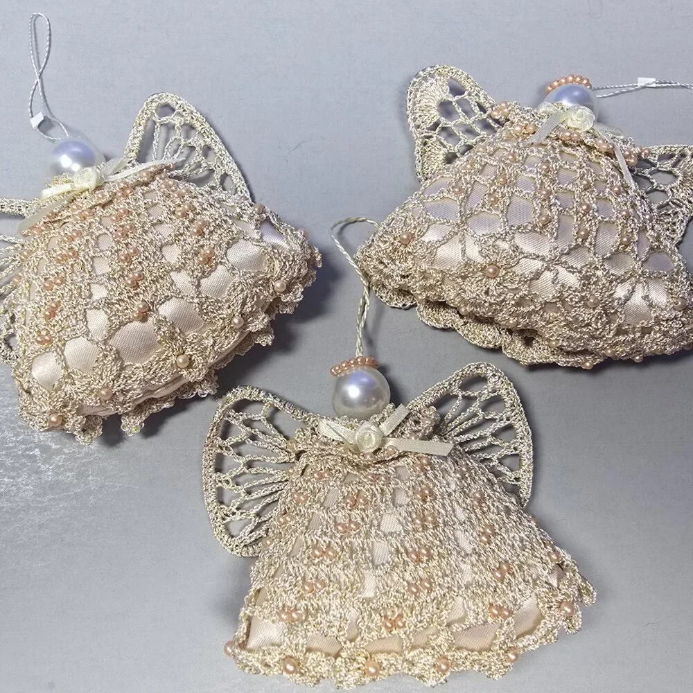 Hand Crocheted Beaded Angel Ornaments Set of 3 Fabric Holiday Decor Spiritual